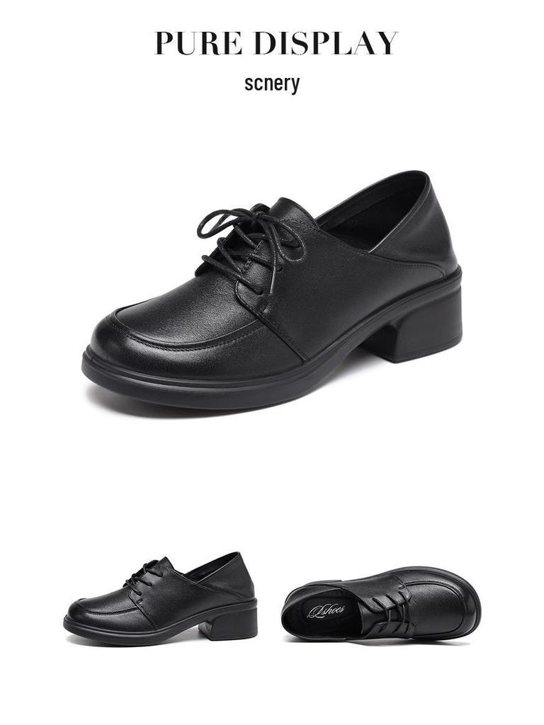 Genuine Leather Women's Chunky Heel Round Toe Shoes - Autumn Non-Slip & Comfortable Mom Shoes with Soft Mid Sole