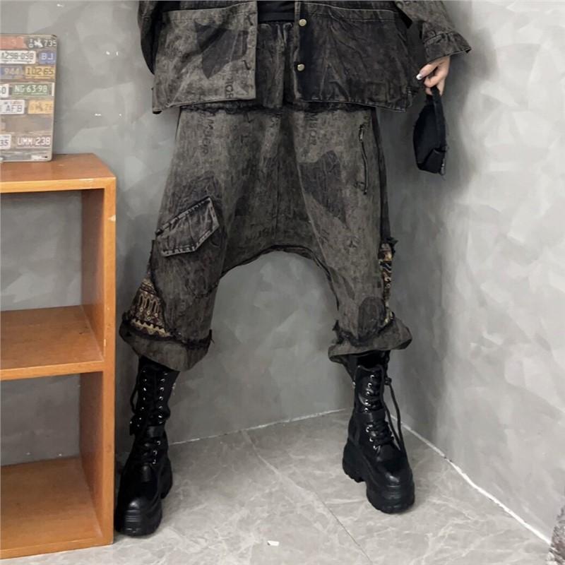 Niche personality trendy cool do old denim fashion suit women's autumn style foreign style loose jacket crotch pants two-piece set trendy