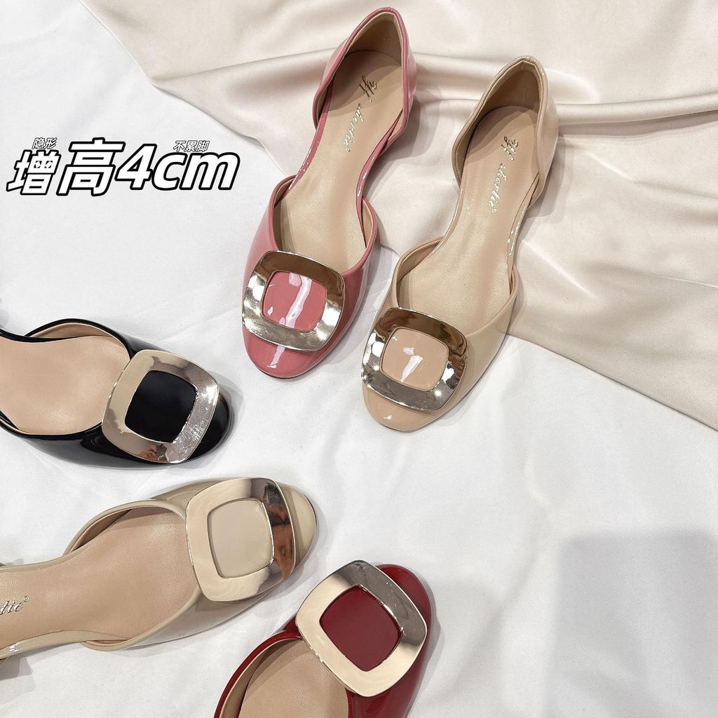 Small Inner Height Increase Women's Shoes Metal Square Buckle Hollow Single Shoes Women's 2025 New Retro One-pedal Bag Head Sandals