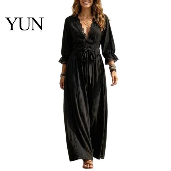 Loose Lace Dress Women V-Neck for Fall, 3/4 Sleeves Maxi with Autumn Outfits Belt, Solid Color Casual Long Vacation Daily Wear Sleeve