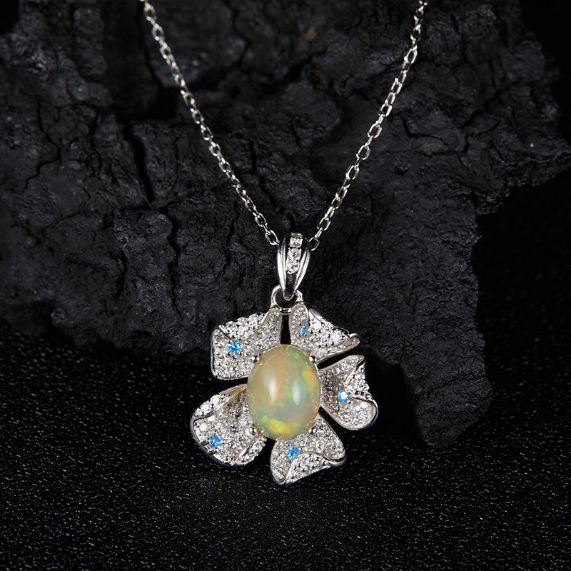 Xiaohongshu Earrings Flower Pendant S925 Sterling Silver Inlaid Natural Opal Gemstone Necklace Women'S Jewelry