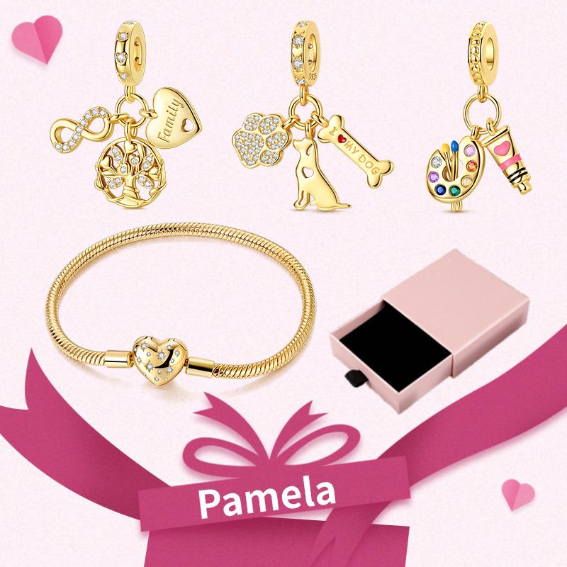 Pink Heart Charm Set 925 Original Silver Charms Bracelet With Gift Box For Women Wedding Anniversary Jewelry Gift 4pcs/lot
