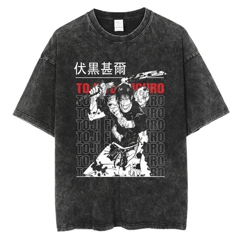 Vintage Gewaschenes Herren T-Shirt Anime Jujutsu kaisen Kurzärmelig Oversized Harajuku Herren Kleidung Tee Hip Hop Unisex Baumwolle Hohe Qualität Kurze Ärmel