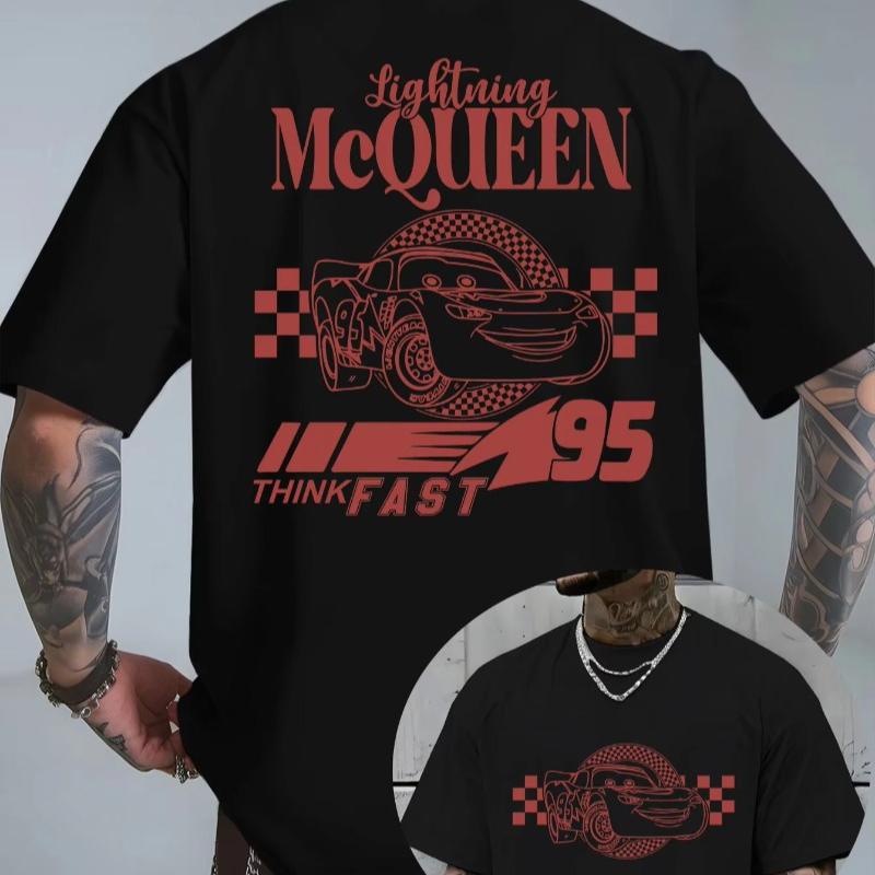 Car Lightning McQueen Adult White TShirt Lightning McQueen Text and Racing Pattern Back Unisex Women Oversize Cotton Top