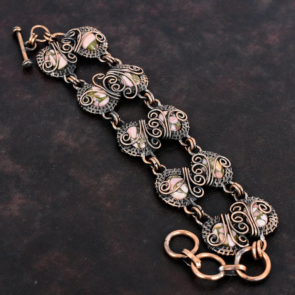 Copper Pink Opal Bracelet Copper Wire Wrapped Bracelet Adjustable Chain Bracelet Handmade Gemstone Jewelry Anniversary Gifts Copper Jewelry
