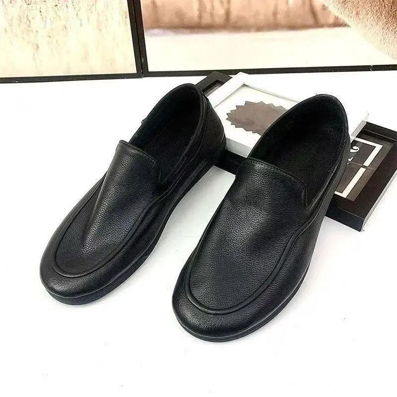 Black Moccasin Round Toe Men's Leather Shoes Slip-on Footwear Offer Classic Original Common Elegant Retro Pu Male Casual Shoe