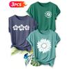 Three-piece Set Elegant Short-sleeved Shirt for Women Hibiscus flower+Sun+Sunflower Print Round Neck Women's Top T Shirt Suitable for Spring