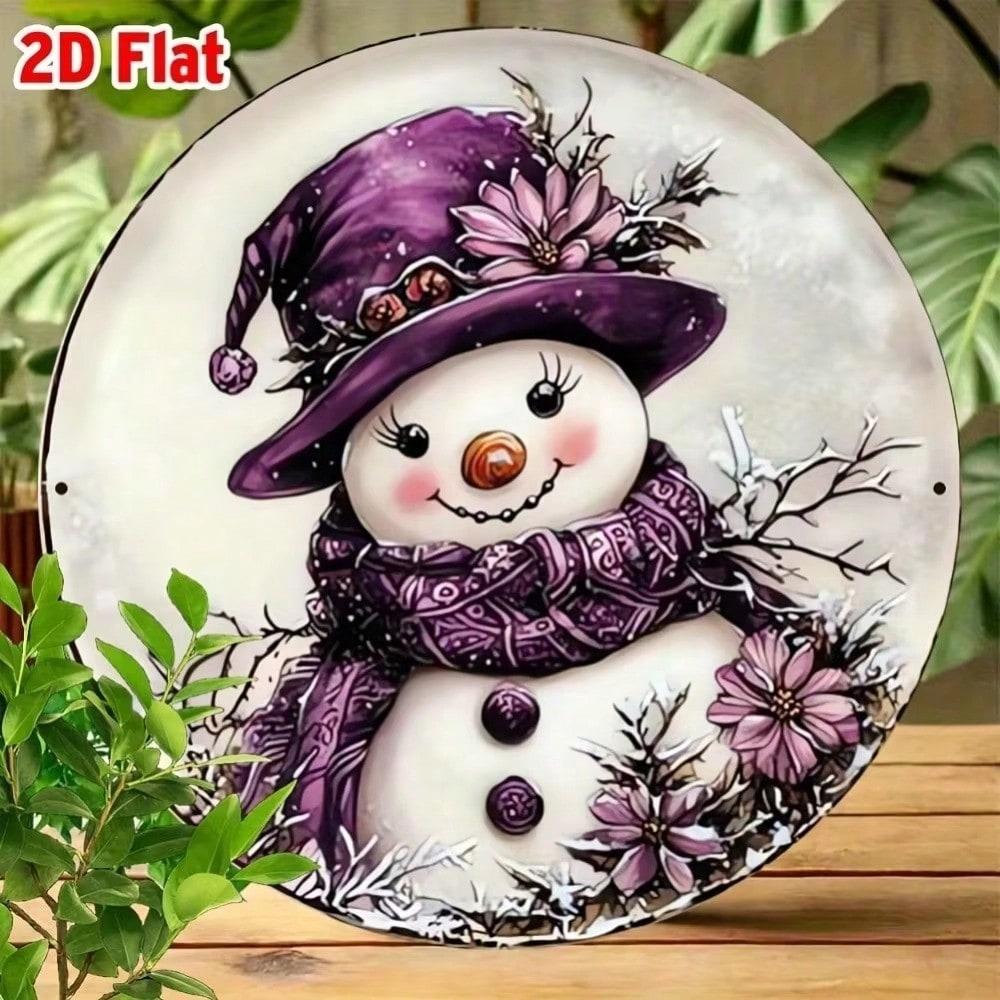 Purple Snowman Wreath Round Metal Wall Sign 8x8 Inch Christmas Holiday Home Decor Indoor Outdoor Hanging Ornament
