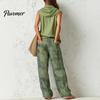 Casual Sleeveless Top Women Pants 2-Piece Set, Summer Ruffle Mock Neck Vacation Wear & Plaid Wide Leg Pants, Vintage Loose Outfit Set Relaxed