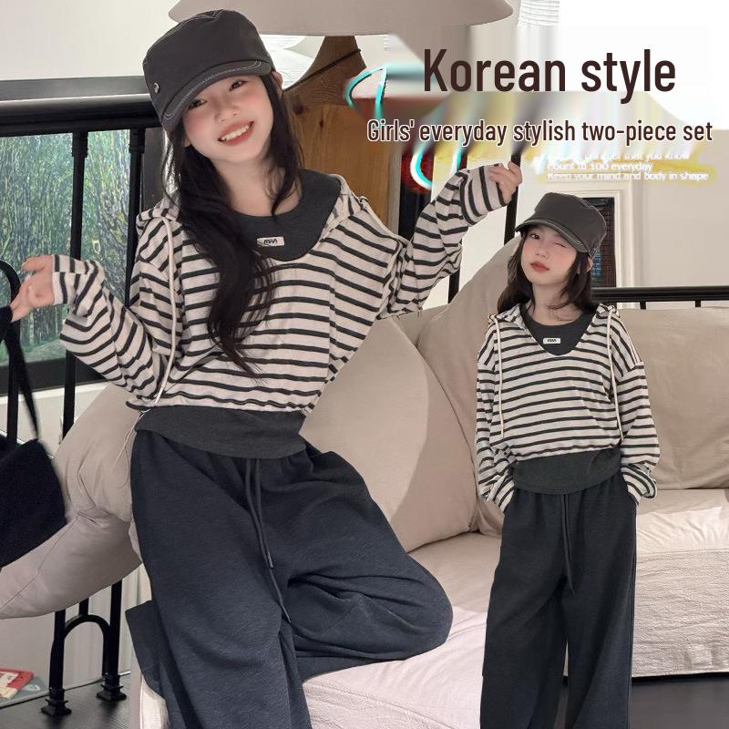 Autumn 2026 Girls' Striped Hoodie & Pants Three-Piece Set for Medium & Large Kids - Casual Spring/Autumn Wear