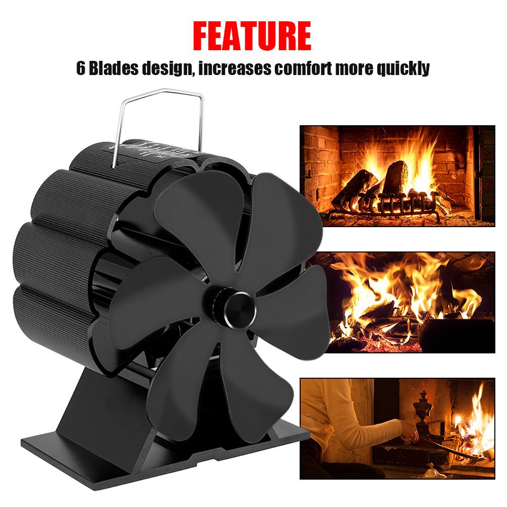 6 Blades Heat Powered Stove Fan Mini Black Fireplace Fan Komin Log Wood Burner Eco Quiet Fan Home Efficient Heat Distribution