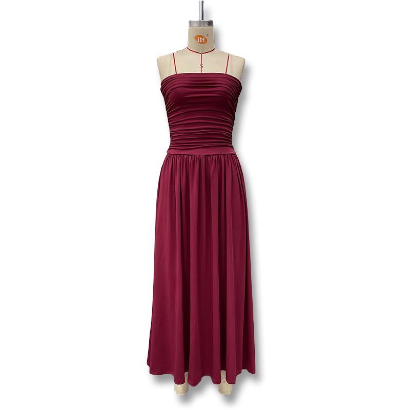 Abito Maxi Donna Senza Spalline a Tubo Vita Arricciata Colore Unico Svasato Lunghezza Pavimento Estivo Casual Vacanza al Mare Abito Lungo