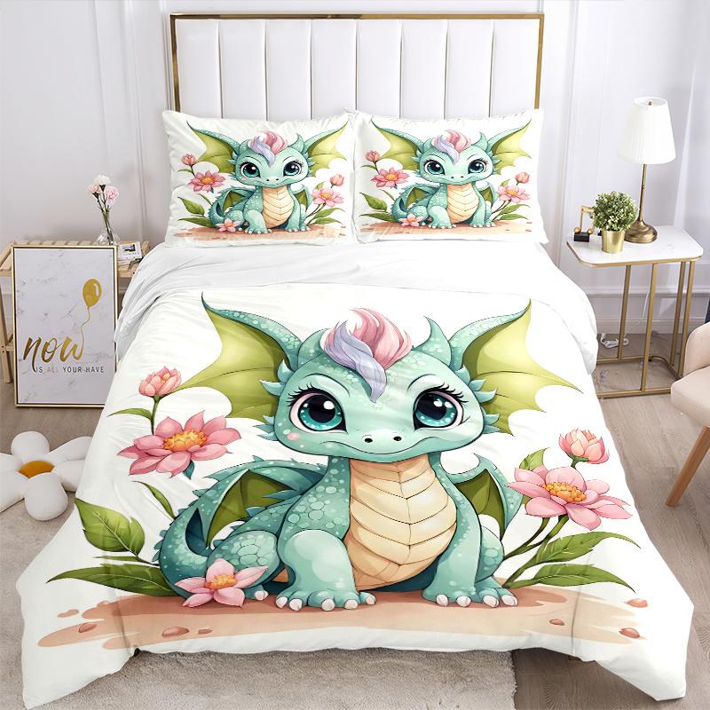 3pcs Green Cute Dragon Printed Duvet Cover Set (1 * Cover+2 * Pillowcase, Without Core), Suitable for Home Bedroom, Guest Room, Dormitory Decorat