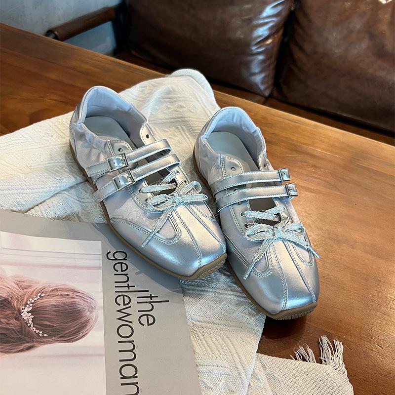 

Leather Mary Jane shoes summer new sports shoes women s shoes retro French casual bow ballet shoes 35 серебряный