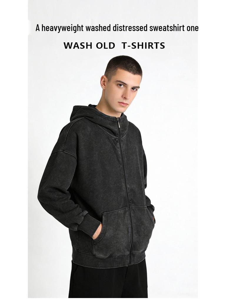 European Style 350g Cotton Hooded Distressed Zip-Up Cardigan - Unisex Trendy Jacket