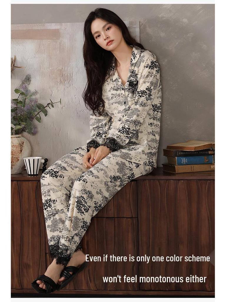 Autumn/Winter Modal Cotton Women's Long Sleeve Pajamas Set with Hyaluronic Acid - High-End Spring Style for Indoors and Outdoors