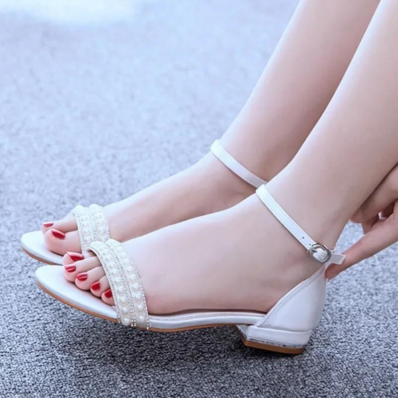 Women Sandals Fashion Sandalias String Bead Silk 2CM Flat Heels Buckle Strap Pearl Women's Shoes Casual White Modern Sandals