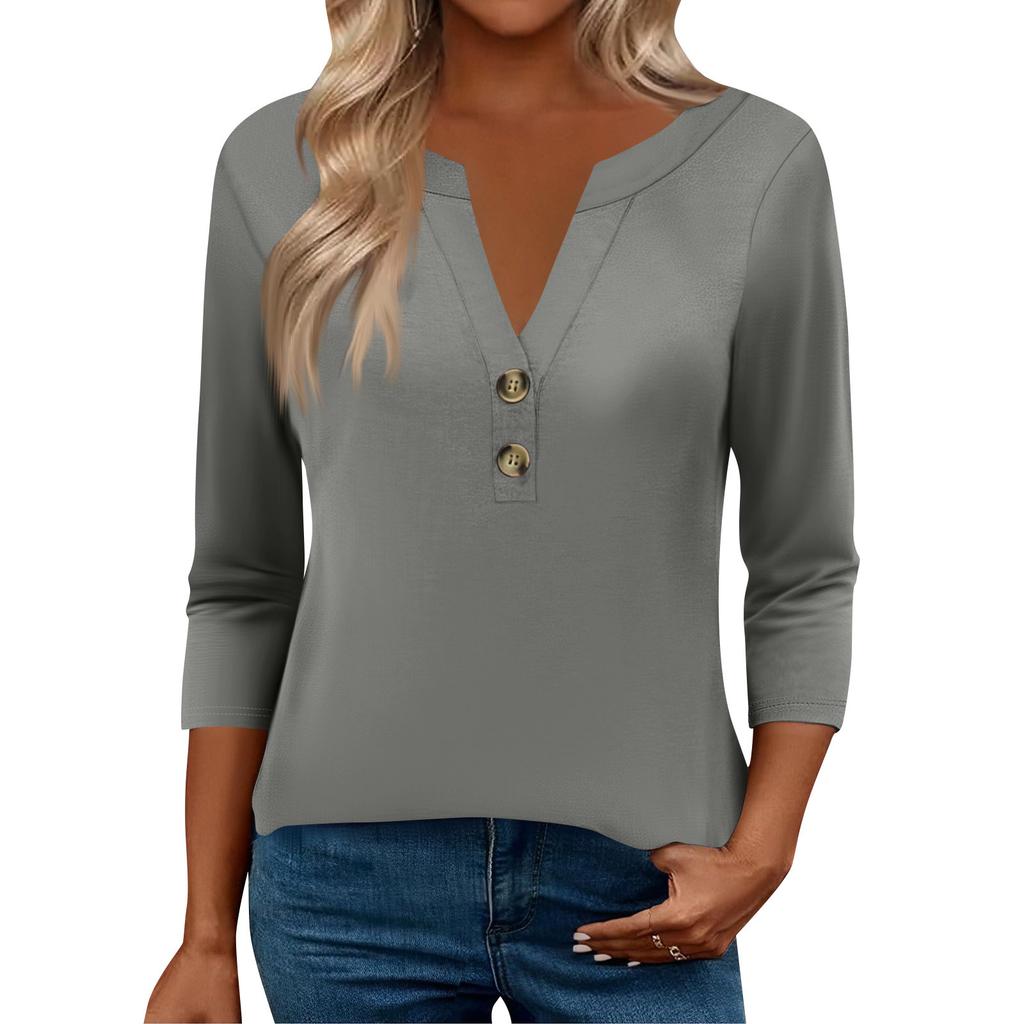 Damskie bluzki z rękawem 3/4 dla kobiet Bluzki Henely Guzik Dekolt V Luźny krój Eleganckie Damskie Letnie bluzki
