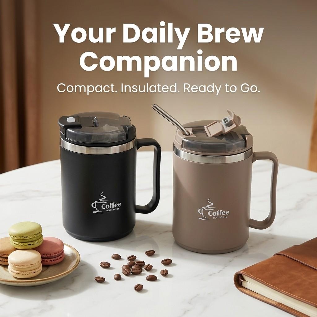 Thermal Coffee Mug with Handle 304 Stainless Steel Insulated Tumbler Leakproof Travel Water Bottle Portable Cup with Spoon