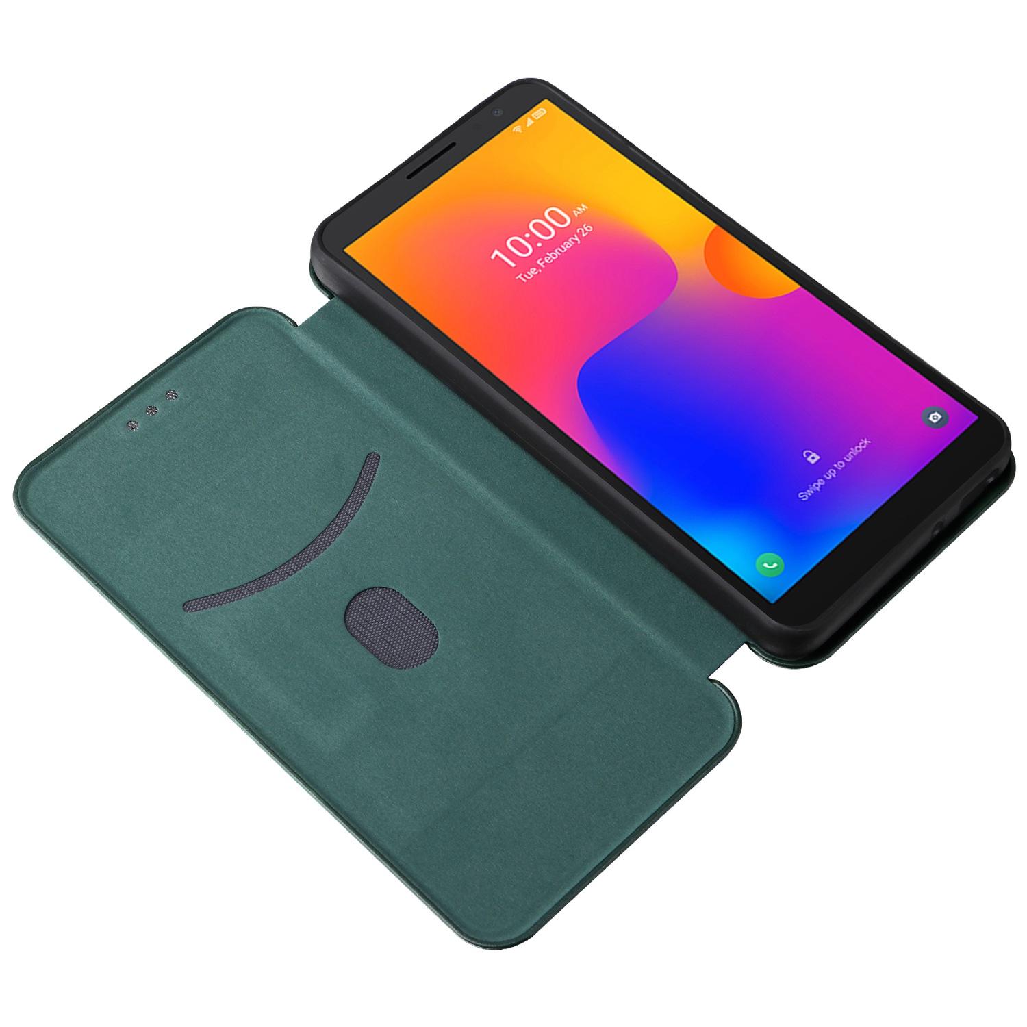 

For Alcatel 1B (2022) Carbon Fiber Texture Smartphone Case PU Leather Magnetic Auto-absorbed Stand Card Holder Function Shockproof Phone Shell Green