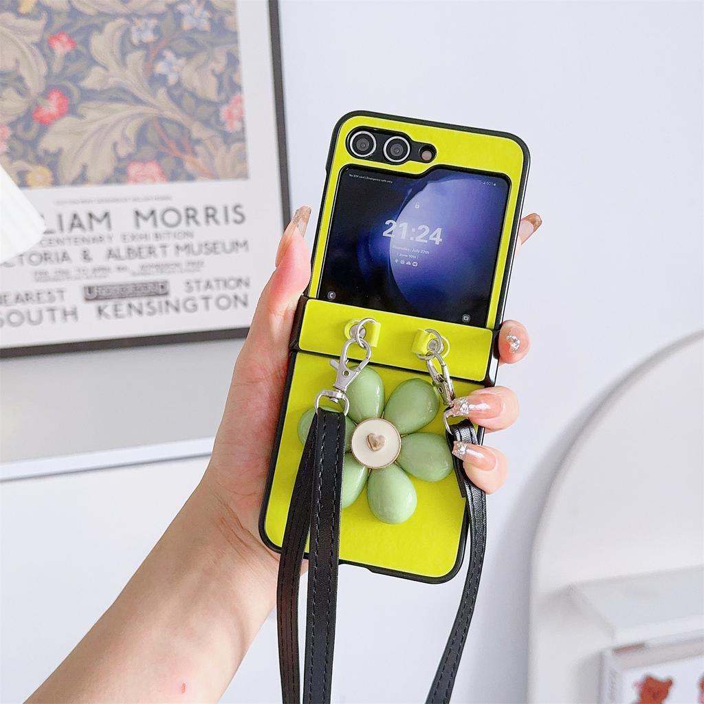 For Samsung Galaxy Z Flip7 FE 5G/Z Flip6 5G Case 3D Flower Leather+PC Phone Cover with Crossbody Strap