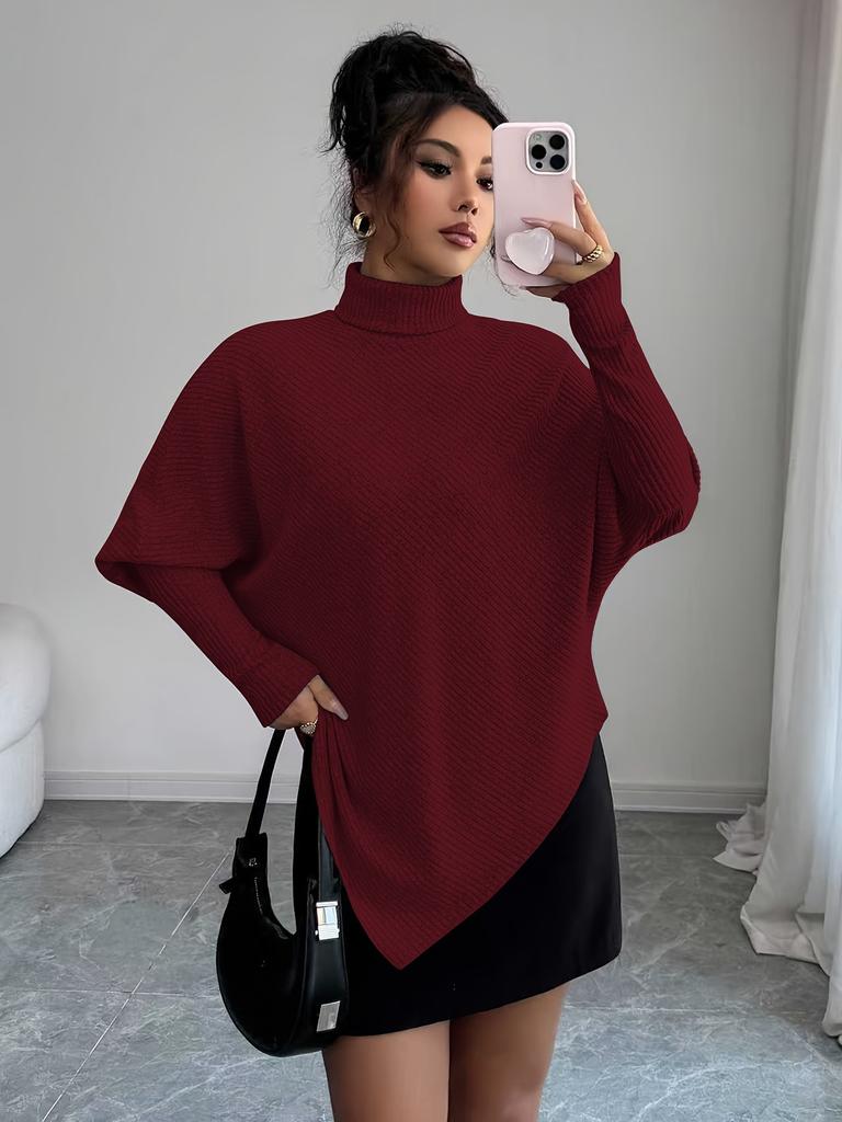 New turtleneck knitted ribbed long-sleeved irregular hem women's top sweater