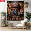 Firefighter Last Out Tapestry Fireman Helmet Gas Mask Wall Art Rescue Hero Poster Emergency Service Tribute Bold Design