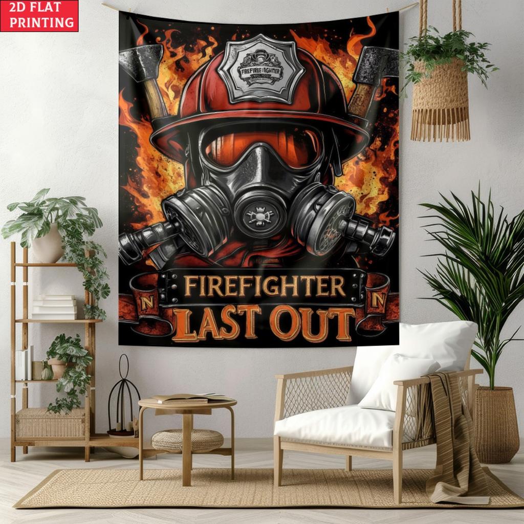 Firefighter Last Out Tapestry Fireman Helmet Gas Mask Wall Art Rescue Hero Poster Emergency Service Tribute Bold Design
