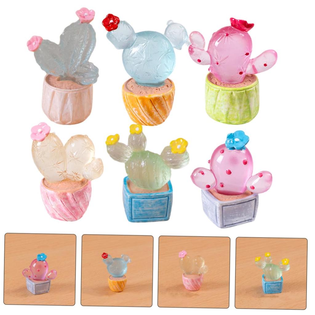 JOINPAYA Miniature Cactus Figurines, Set of 6, Glow-in-the-Dark Resin, for Interior Decoration, Car Decor, Dollhouse, Terrarium, Bonsai, Miniature
