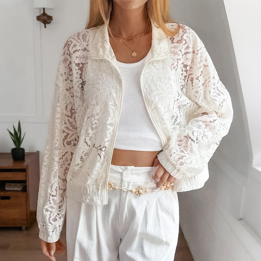 French Retro Perspective Lace Splicing Jacket European and American Foreign Trade Lapel Hollow Sunscreen Cardigan Lantern Long Sleeve Outer