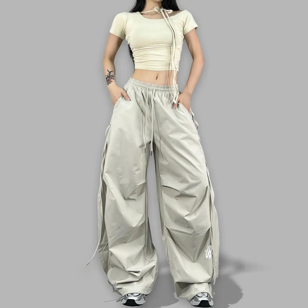 American Streetwear Jogging Cargo Pants Women High Waist Side Straps Loose Punk Wide Leg Trousers Fashion Hip Hop Parachute Pant