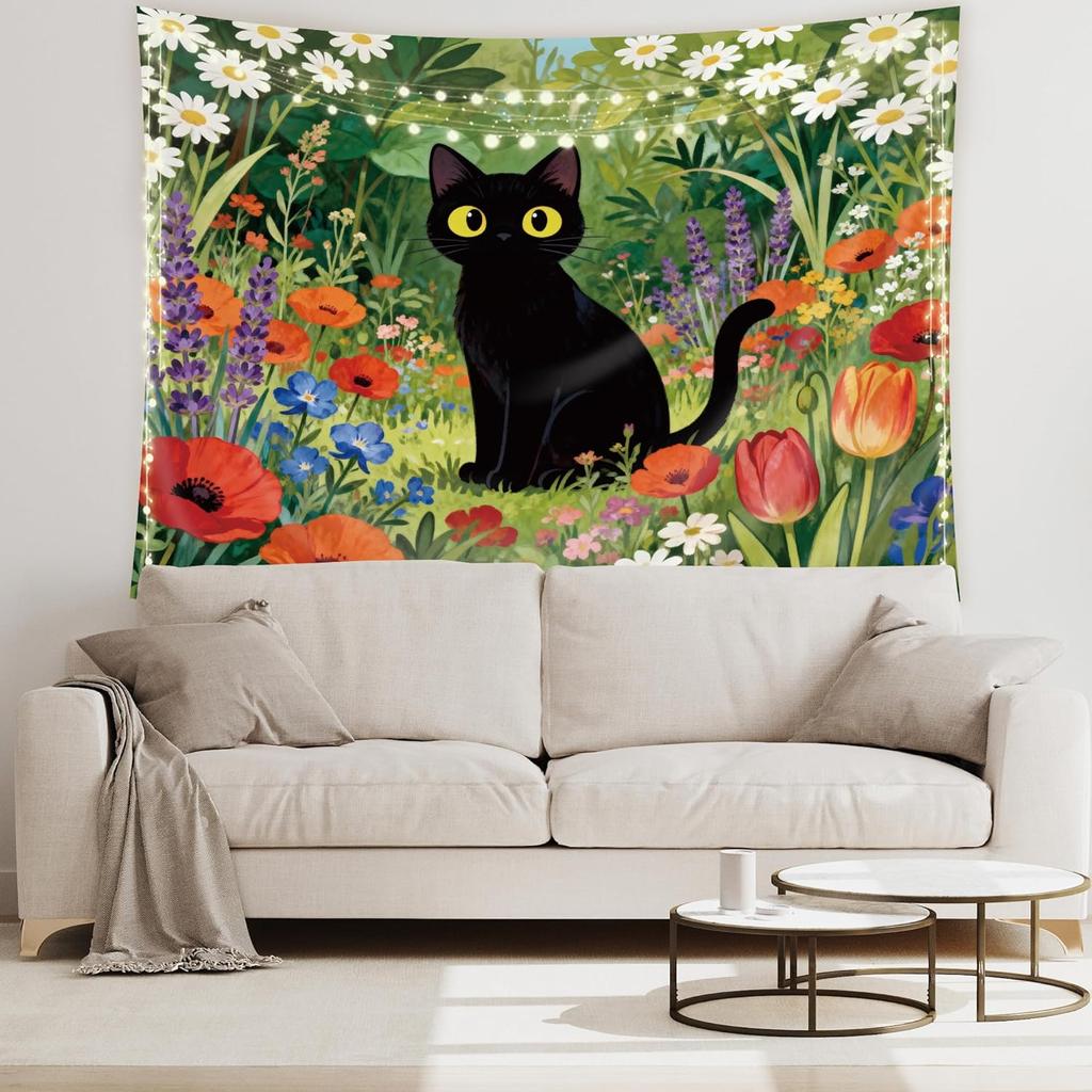 Cute Cat Tapestry Funny Black Cat Flower Floral Wildflower Lovely Plants Botanical Rustic Nature Farmhouse Garden Wall Hanging