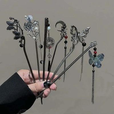 1PC  Chinese Style Butterfly Flower Tassel Hair Stick for Women Vintage Metal Hanfu Chopstick Hair Sticks Hair Accessories