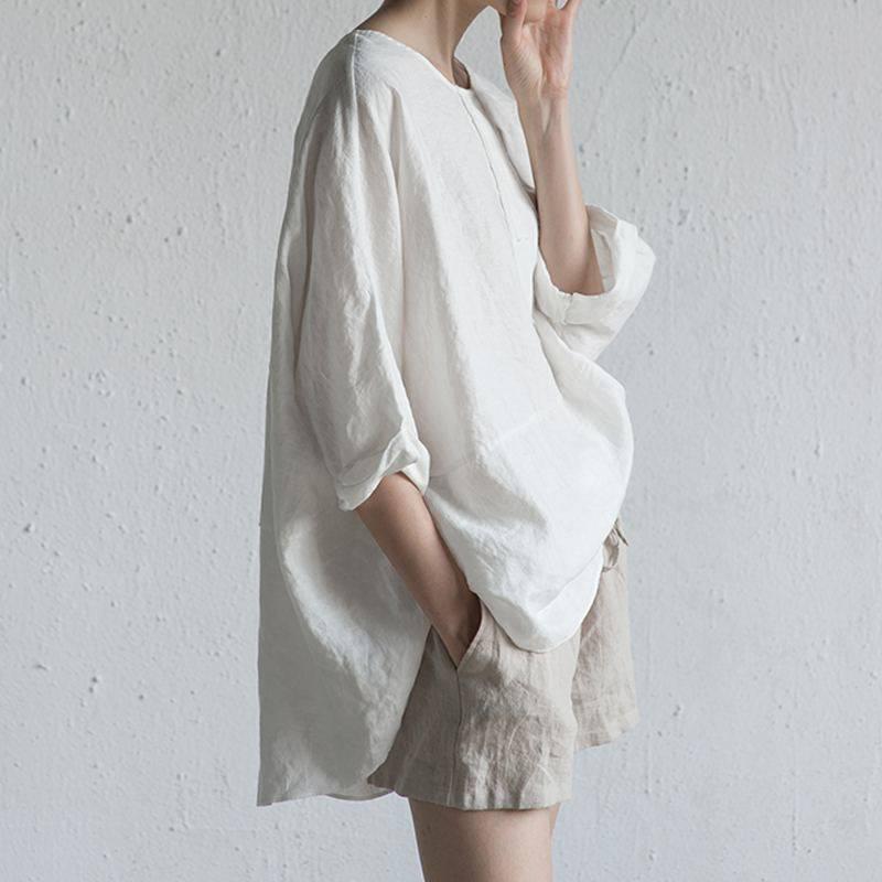 Korean Style Mid-Sleeve Cotton Linen Top - Spring/Summer Loose Fit, Round Neck, Pure Cotton Short-Sleeve T-Shirt