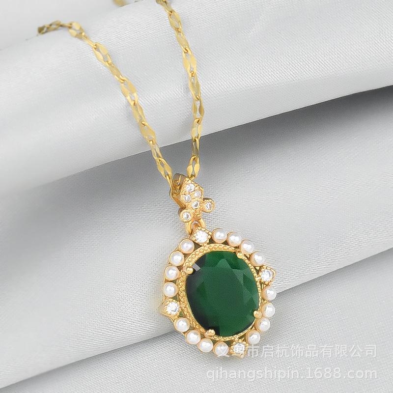 Emerald Necklace Female Ethnic Style Vintage Versatile Inlaid Pearl Pendant Clavicle Chain Accessories