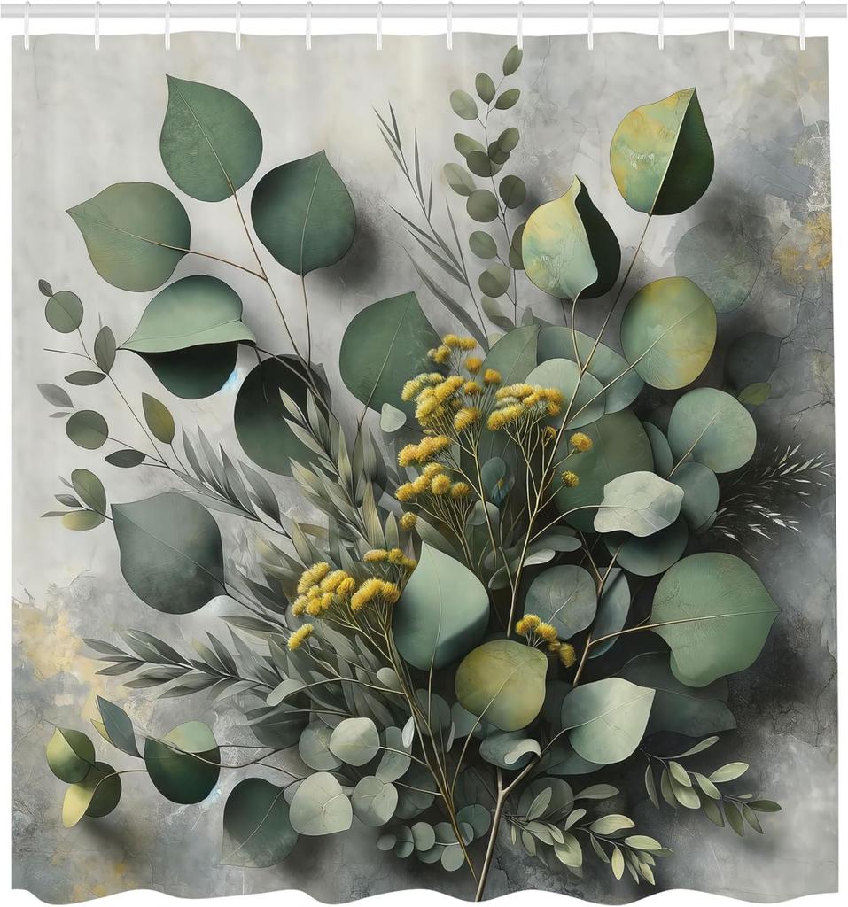 Eucalyptus Leaves Shower Curtain, Gloomy Love Of Nature On Neutral Watercolor Art Background, Cloth Fabric Bathroom De