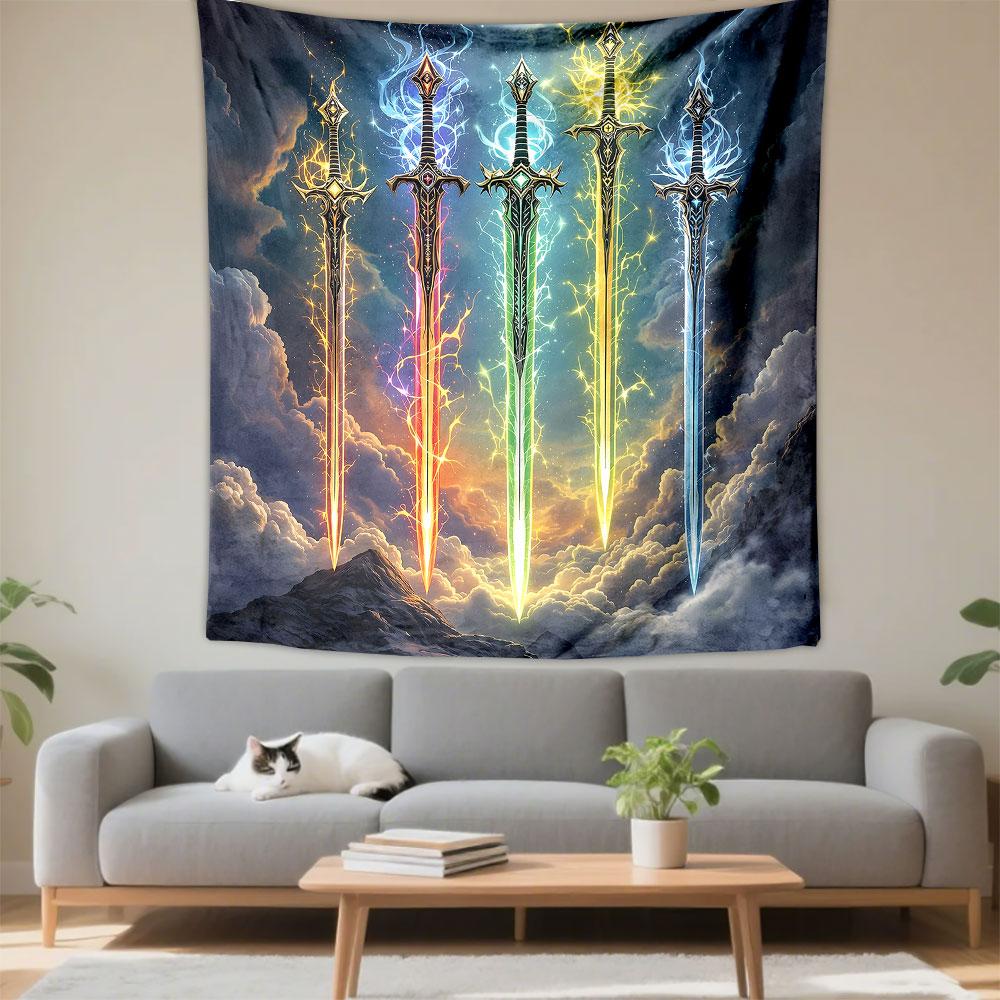 "Colorful Enchanted Swords in Sky" Patterned Tapestry Decorative Wall Hanging, Home Bedroom Living Room Decor