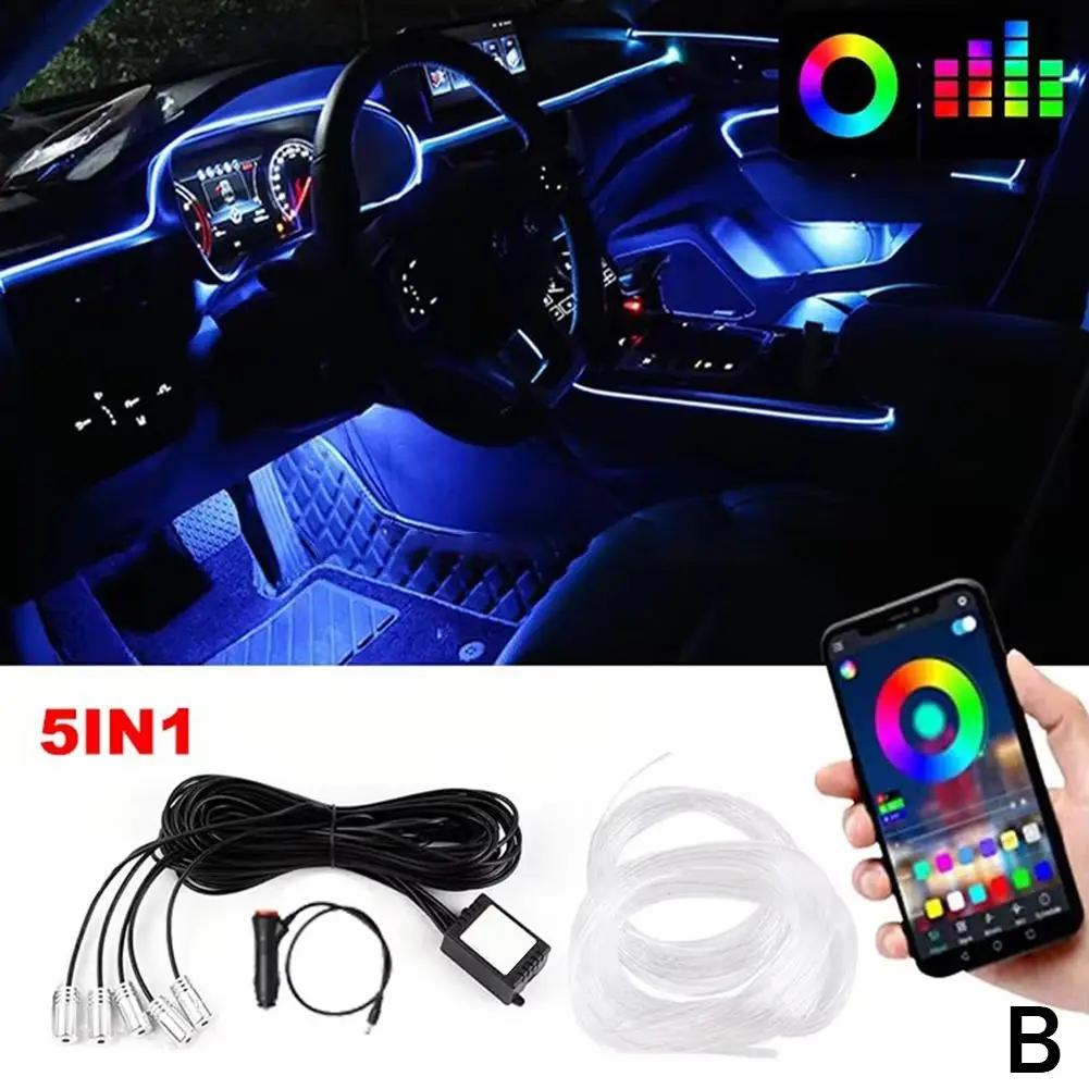 LED Car Interior Ambient Strip Lights RGB Fiber Optic Lamps Neon Atmosphere Auto W/ Lighting Control Kit Decorative Remote J0B7