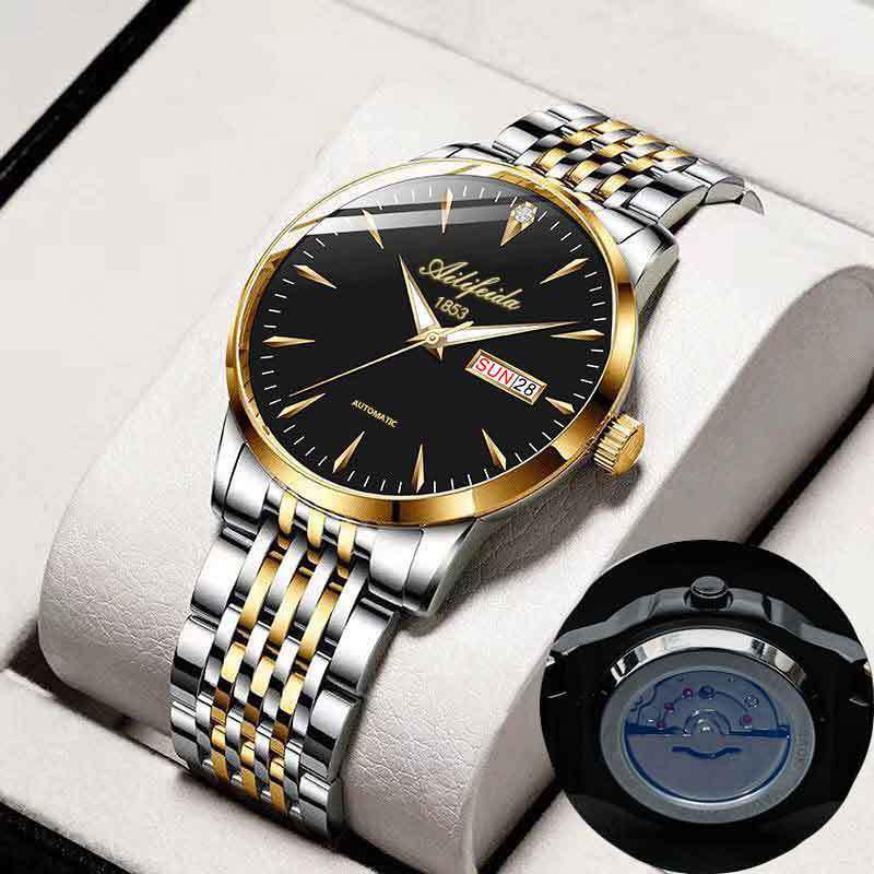 Aili Feida Men's Quartz Waterproof Watch with Hollow Back and Calendar Feature.