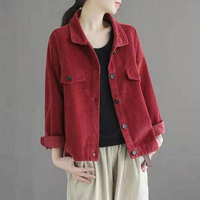 Corduroy Short Jacket Women's Spring and Autumn Solid Color Lapel Loose Small Casual Fleece Top Retro