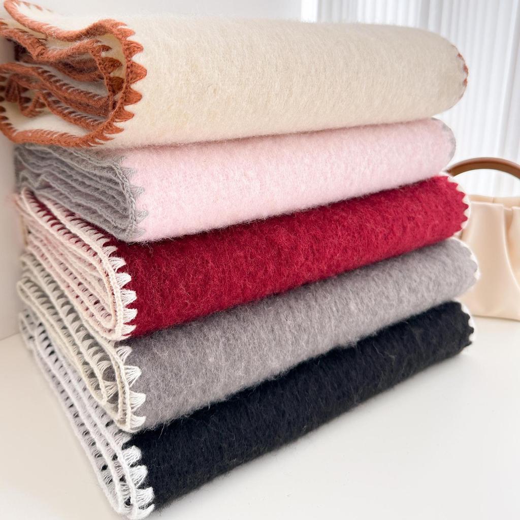 With Wool Overlock Pink Scarf for Women Winter Korean Atmosphere Thickened Warm High End Soft Waxy and Versatile Scarf