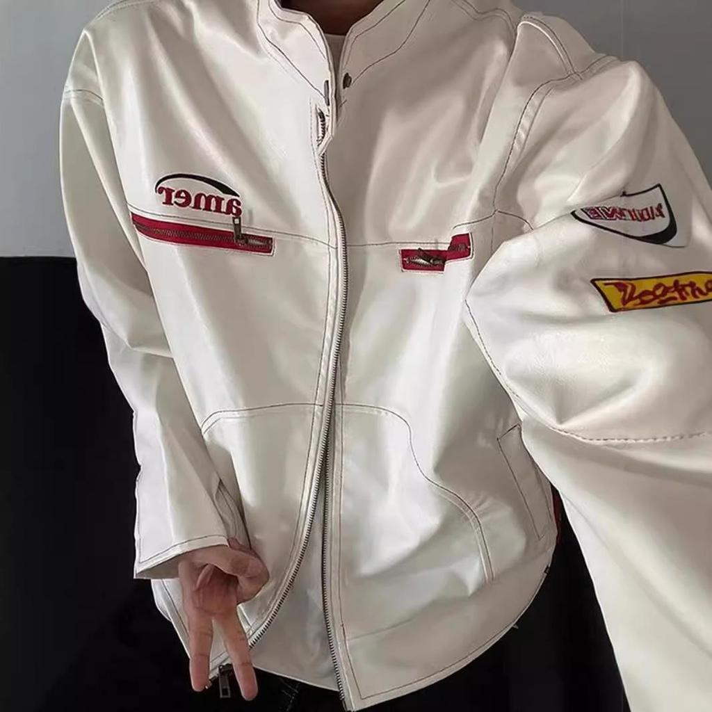 White Short Leather Jacket Mens Autumn and Winter Motorcycle Jacket Stand Collar Embroidered Jacket