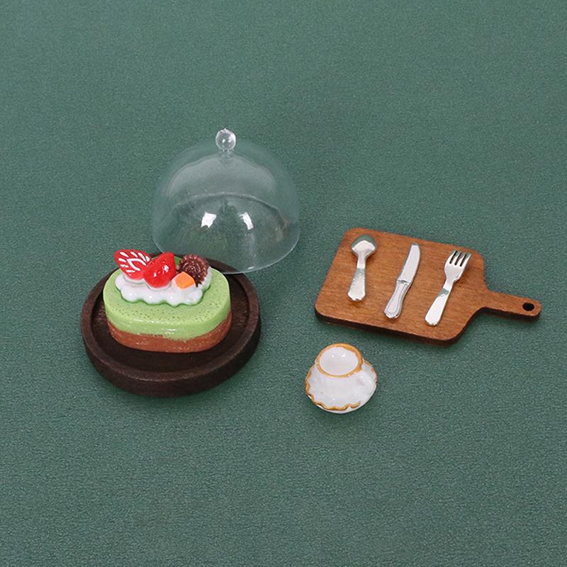 8Pcs/Set Diy Accessories Dollhouse Coffee Miniature Cake Wooden Tray With Cover Dessert Display Rack Kitchen Model Decor Toy