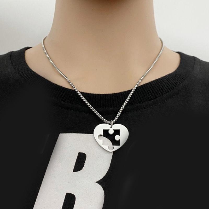 Heart Puzzle Pieces Couple Necklaces Sturdy Steel Heart Puzzle Pendant Necklaces Accessory for Couples Romance Gift