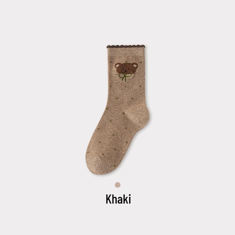 Women's Retro Embroidery Bear Socks - Thick Cotton, Breathable, Half-Fleece, Mid-Calf, Autumn/Winter.
