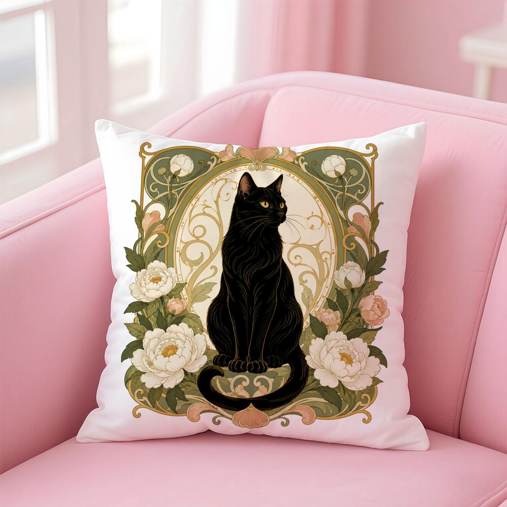 Cushion Cover Retro Art Noble Black Cat Short Plush Soft DoubleSided Printing Pillow Case Cozy Sofa Bedroom Home Decor Gift