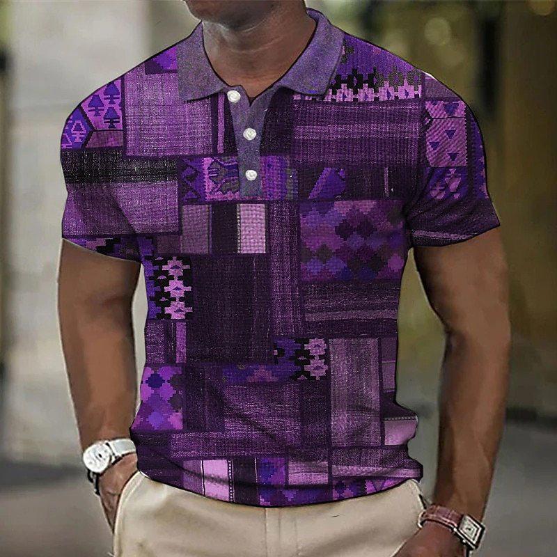 Retro Multi-color Block Splicing 3D Digital Printing Men's Casual Polo Shirt