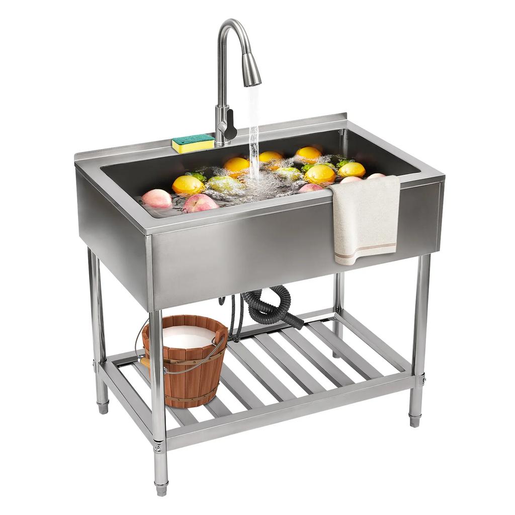 Stainless Steel Kitchen Utility Sink Single Bowl with Faucet Commercial Grade Silver 35.8x23.2 Inch