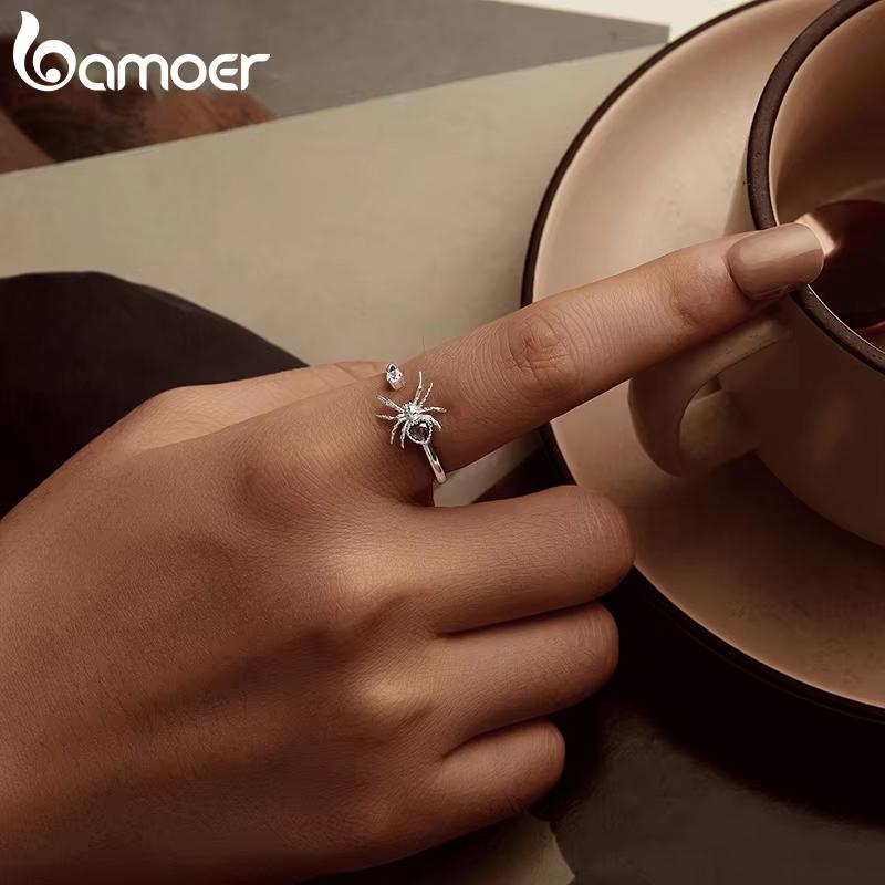 BAMOER Genuine 925 Silver Spide Open Ring for Women Halloween Finger Ring Fine Jewelry Birthday Gift SCR1071-E