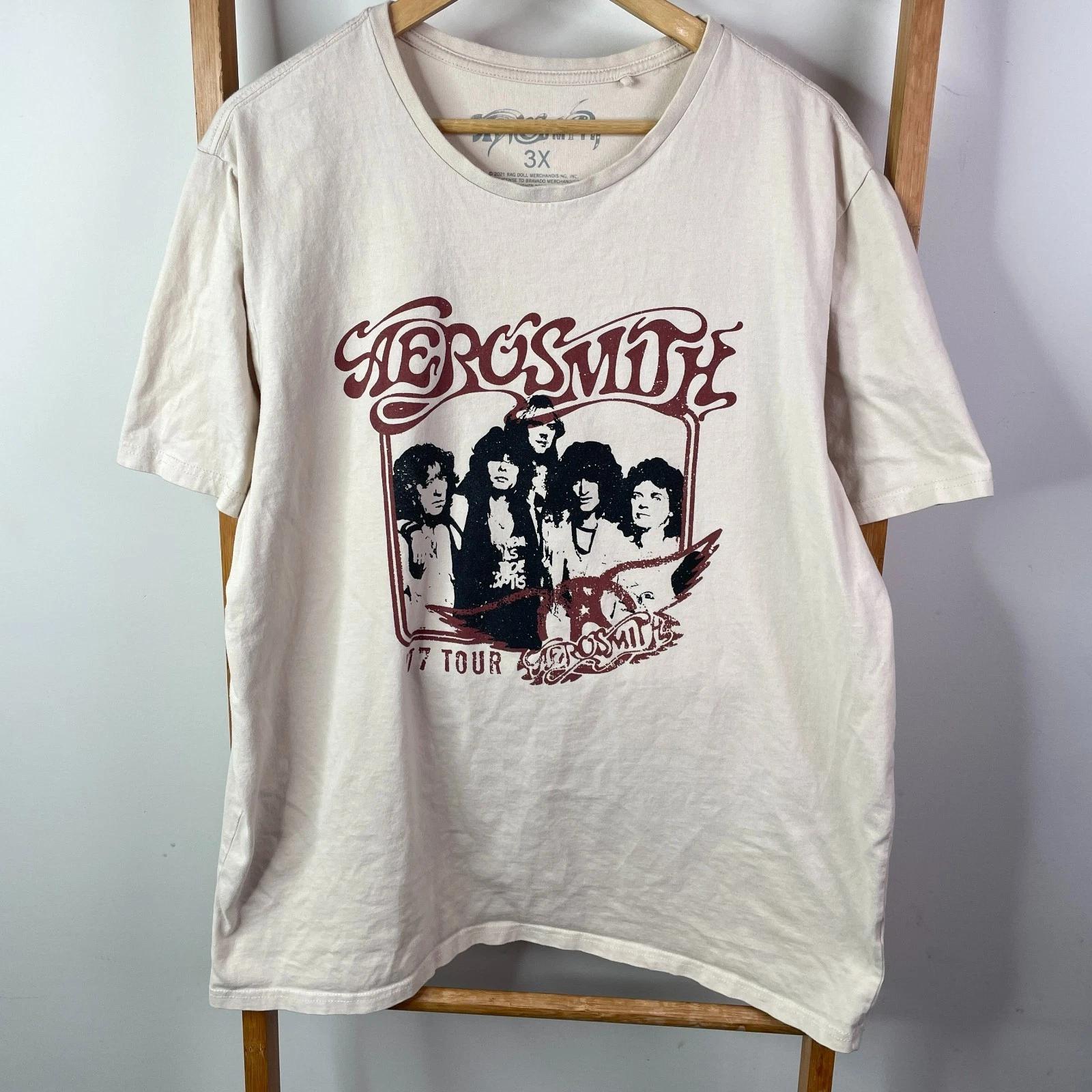 Aerosmith Shirt Mens 3X Beige 1977 Tour Graphic Print Cotton Crew Neck Outdoor 4XL